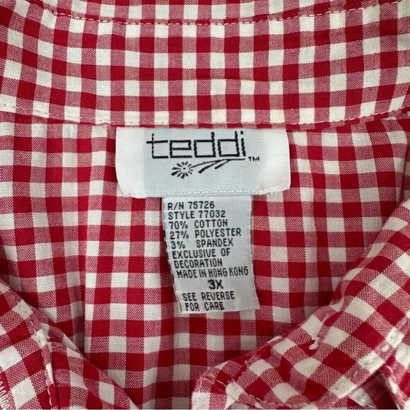 Teddi Women’s Red Check Embroidered Fruit Roll Tab Sleeve Button Down Top 3X/C63 - Picture 8 of 13